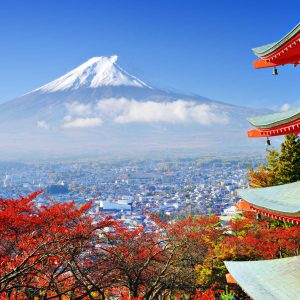 Mt. Fuji with fall colors in Japan.