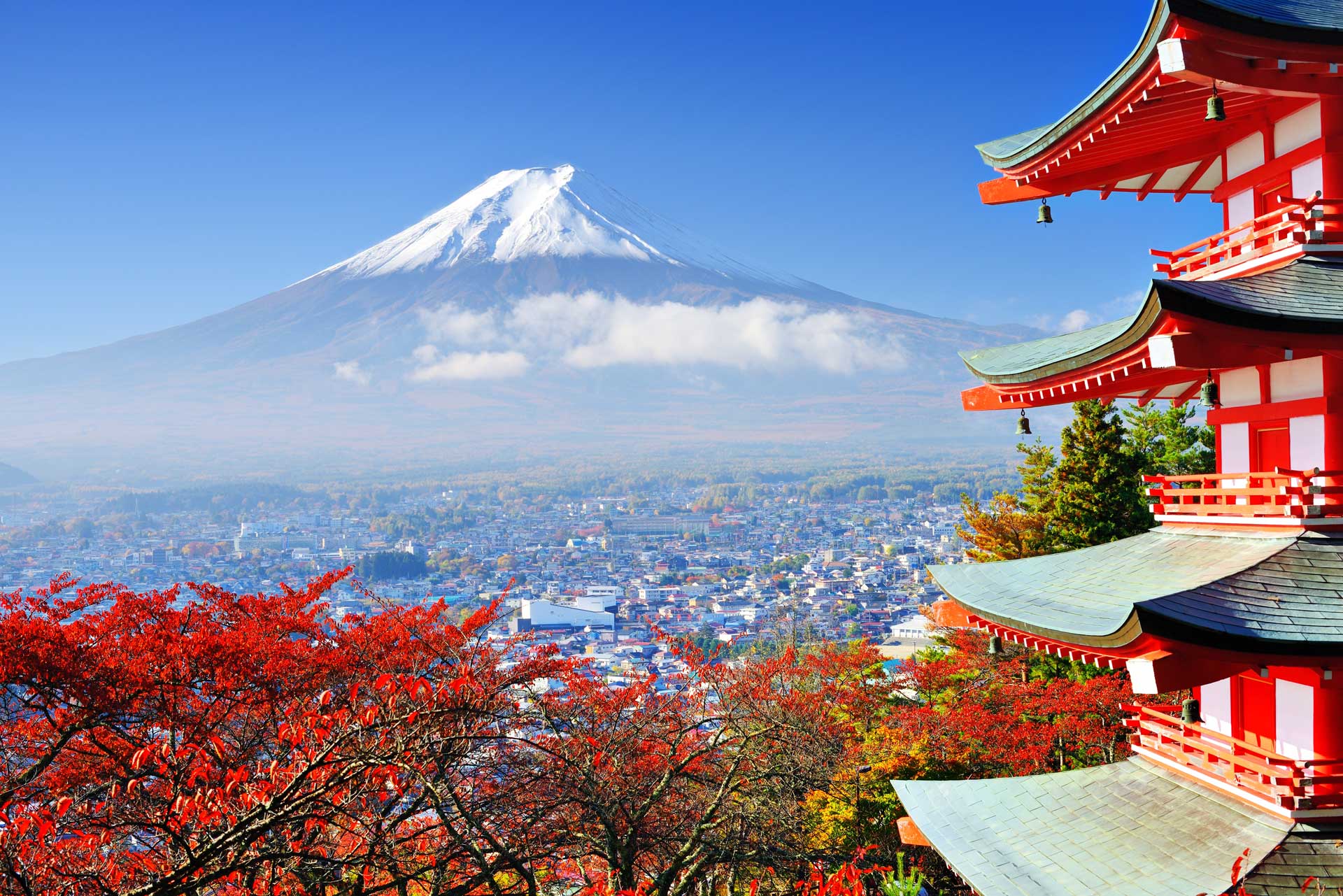 Mt. Fuji with fall colors in Japan.