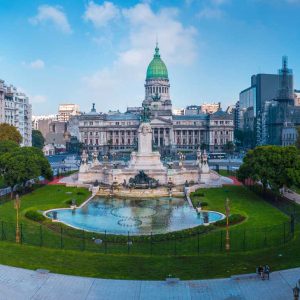 Panorama of the city of Buenos Aires. Aerial panorama of the square near Congreso at sunny day. Argentina