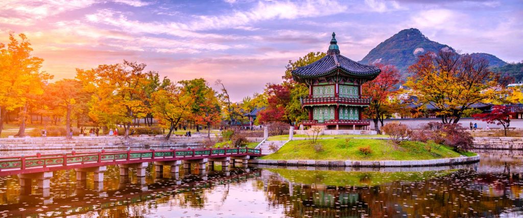 Sunset at the water pavilion in the Gyeongbokgung palace of the land in seoul,south korea.