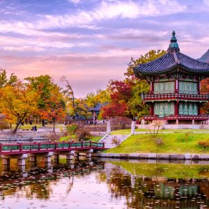 Sunset at the water pavilion in the Gyeongbokgung palace of the land in seoul,south korea.