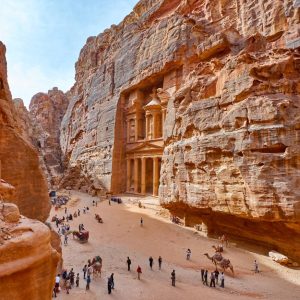 The temple-mausoleum of Al Khazneh in the ancient city of Petra in Jordan