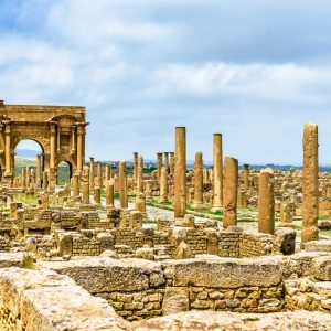 Timgad, ruins of a Roman-Berber city, UNESCO heritage in Algeria.