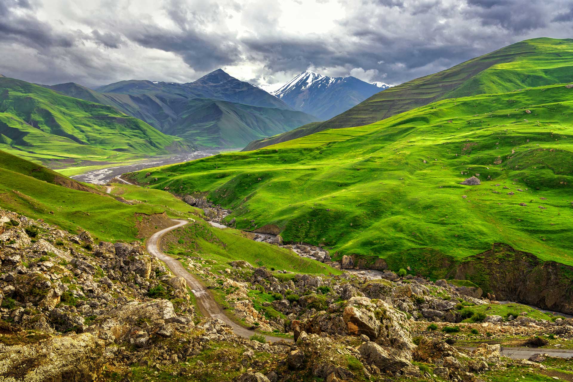 Azerbaijan landscape in nature, Beautiful mountains and hills in the north of Azerbaijan near Quba in the village Khinaliq