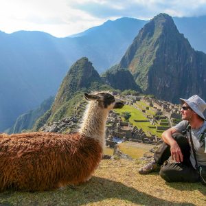 Tourist and llama sitting in front of Machu Picchu, Peru