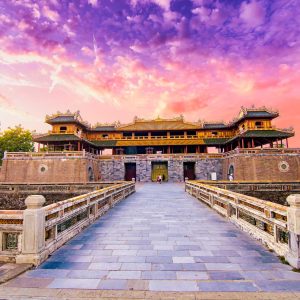 Wonderful view of the “ Meridian Gate Hue “ to the Imperial City with the Purple Forbidden City within the Citadel in Hue, Vietnam. Imperial Royal Palace of Nguyen dynasty in Hue. Hue is a popular