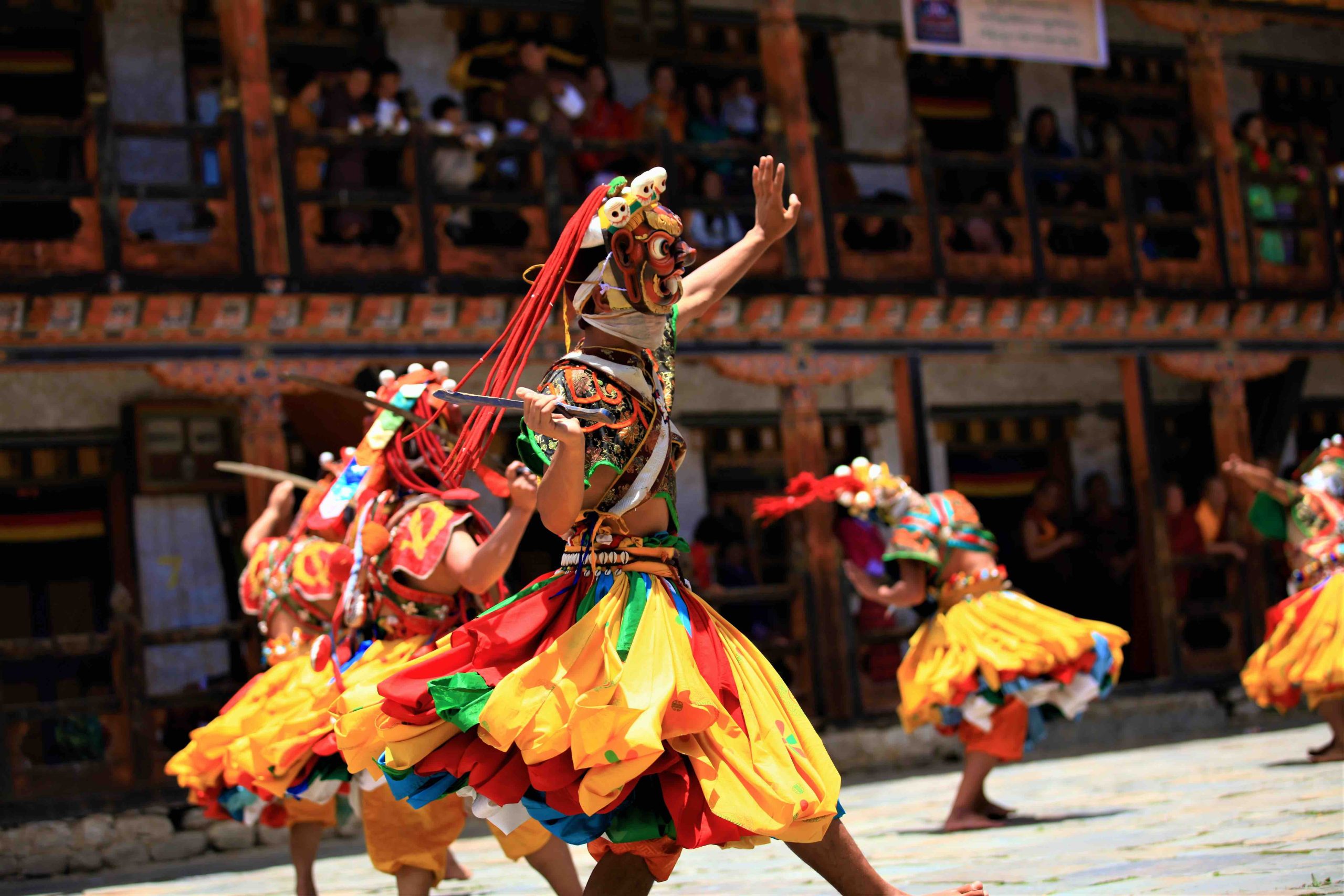 Bhutan dance(tibet dance),Close up Traditional dance and colors in Mongar, Bhutan ,masked dancers at a Buddhist religious ceremony,happy holiday